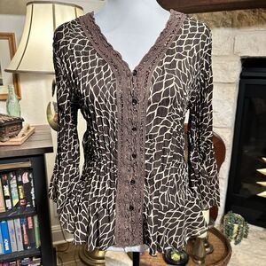 VTG 90s Y2K Piano Blouse M Animal Ruffle Button Crinkle Siren Giraffe Sexy